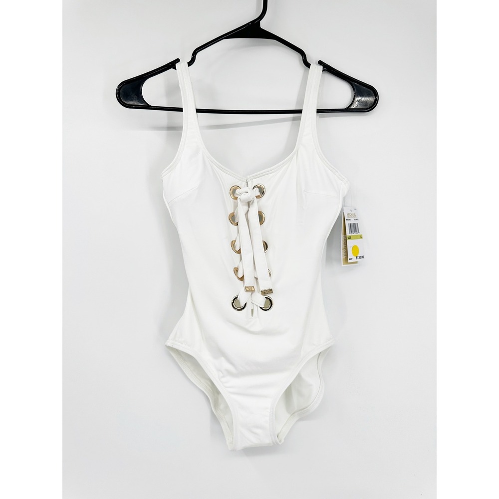 Michael Kors One Piece Swimsuit Women Size 4 White Lace Up Grommet MM3Q456